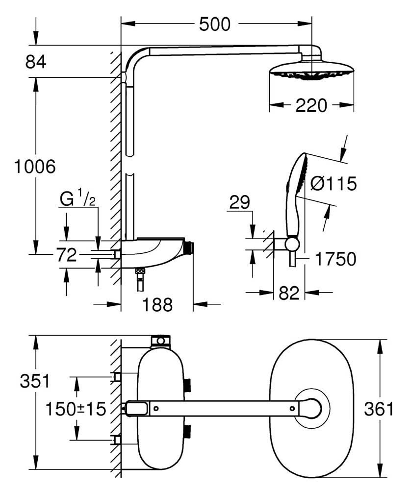 Colonna Doccia Grohe Vitalio Start 250 con Doccetta 110 e Miscelatore Termostatico Nero Opaco