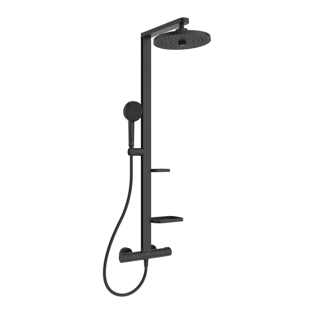 Ideal Standard BD583XG ALU+ colonna doccia termostatica con 2 mensole,  doccetta a mano a 2 funzioni e soffione rotondo Ø 26 cm, colore nero seta  finitura opaco