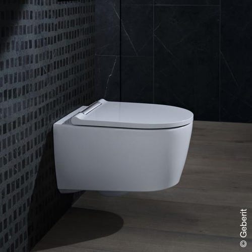 Immagine di Geberit ONE vaso sospeso a cacciata, fissaggio nascosto, con sedile e cerniere colore bianco, TurboFlush, colore bianco finitura lucido 500.201.01.1