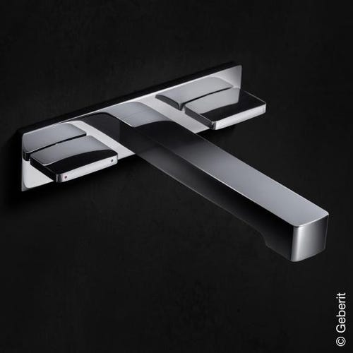 Immagine di Geberit ONE rubinetteria per lavabo, design squadrato, montaggio a parete e miscelatore a due manopole, per scatola funzionale da incasso, finiture cromo 116.461.21.1