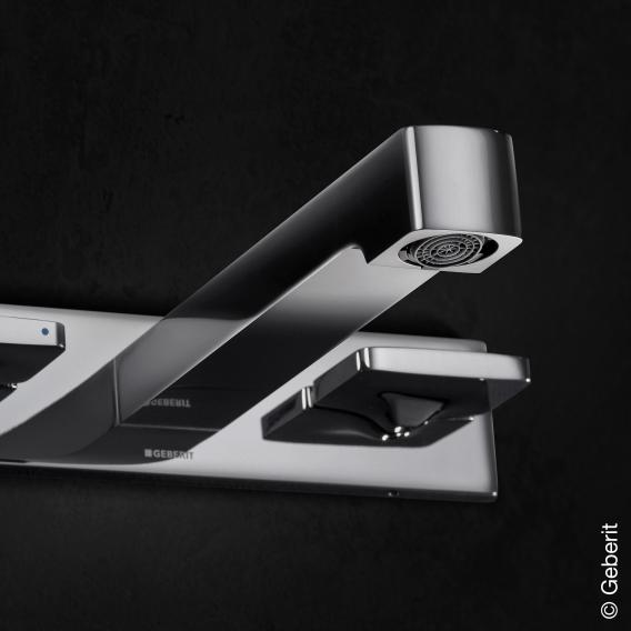 Immagine di Geberit ONE rubinetteria per lavabo, design squadrato, montaggio a parete e miscelatore a due manopole, per scatola funzionale da incasso, finiture cromo 116.461.21.1