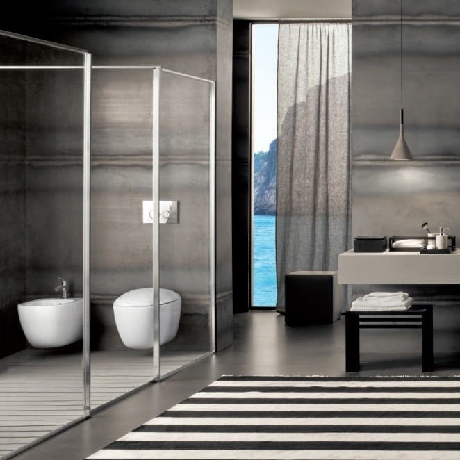 Immagine di Geberit CITTERIO set completo sanitari sospesi, vaso con sedile a chiusura ammortizzata e bidet monoforo, colore bianco finitura lucido, modulo installazione COMBIFIX per parete in muratura 111.907.00.5-CITTERIOC