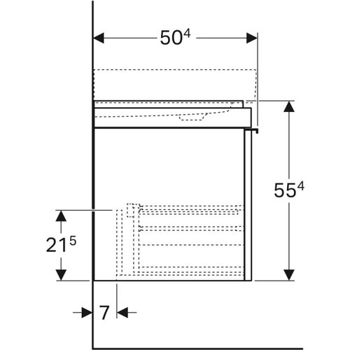 Immagine di Geberit CITTERIO mobile sottolavabo sospeso L.120 cm, con un cassetto, corpo finitura rovere beige e cassetti colore grigio tortora finitura vetro lucido 500.566.JI.1