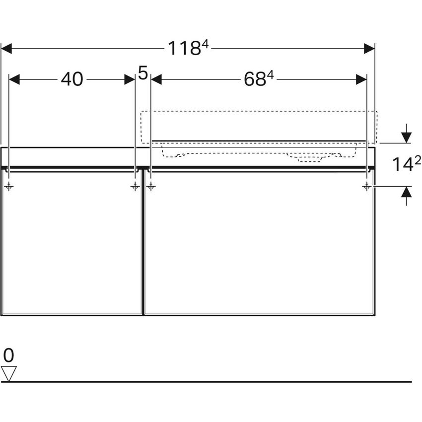 Geberit Portaoggetti a sinistra CITTERIO mobile sospeso L.120 cm, con 2  cassetti e contenitore portaoggetti posizionato a sinistra, corpo finitura  rovere marrone fumè e cassetti colore nero finitura vetro lucido - 500.563. JJ.1