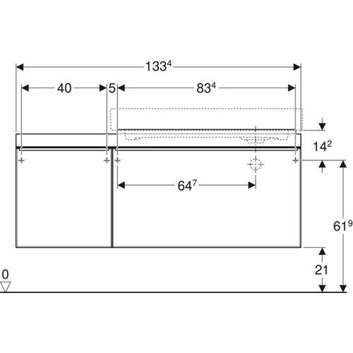 Immagine di Geberit CITTERIO mobile sospeso L.135 cm, con 2 cassetti e contenitore portaoggetti posizionato a sinistra, corpo finitura rovere marrone fumè e cassetti colore nero finitura vetro lucido 500.568.JJ.1