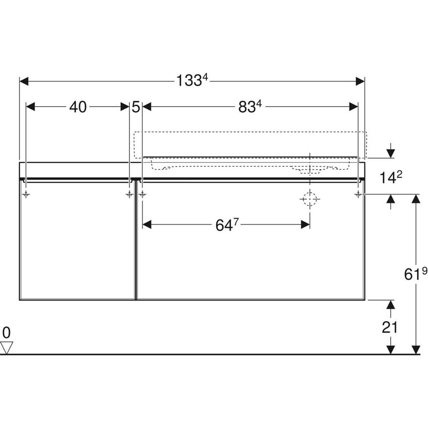 Immagine di Geberit CITTERIO mobile sospeso L.135 cm, con 2 cassetti e contenitore portaoggetti posizionato a sinistra, corpo finitura rovere marrone fumè e cassetti colore nero finitura vetro lucido 500.568.JJ.1