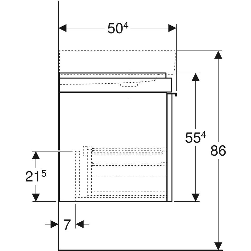 Immagine di Geberit CITTERIO mobile sospeso L.135 cm, con 2 cassetti e contenitore portaoggetti posizionato a sinistra, corpo finitura rovere marrone fumè e cassetti colore nero finitura vetro lucido 500.568.JJ.1