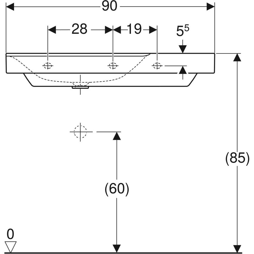 Immagine di Geberit XENO² lavabo asimmetrico L.90 cm, monoforo, senza troppopieno, con ripiano da appoggio a destra, colore bianco finitura KeraTect 500.533.01.1