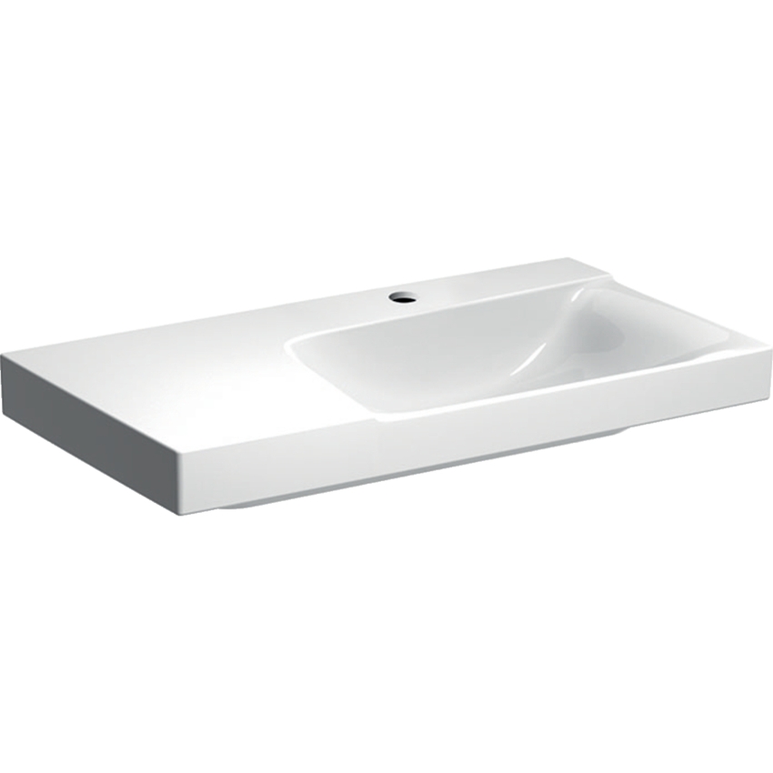 Immagine di Geberit XENO² lavabo asimmetrico L.90 cm, monoforo, senza troppopieno, con ripiano da appoggio a sinistra, colore bianco finitura KeraTect 500.535.01.1