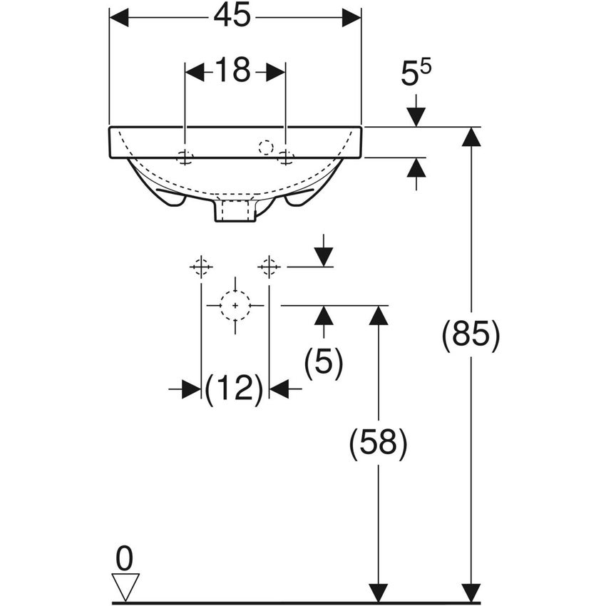 Immagine di Geberit ACANTO lavamani L.45 cm, con foro rubinetteria e troppopieno asimmetrico, colore bianco finitura lucido 500.636.01.2