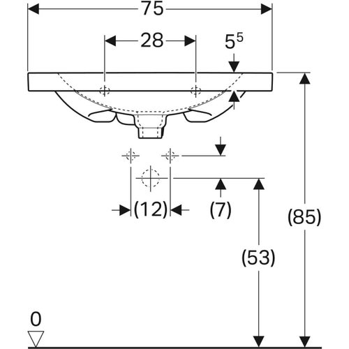 Immagine di Geberit ACANTO lavabo L.75 cm con foro rubinetteria, piano d'appoggio troppopieno nascosto e tappo per piletta, colore bianco finitura KeraTect 500.630.01.8