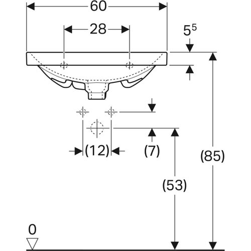 Immagine di Geberit ACANTO lavabo L.60 cm con foro rubinetteria, troppopieno nascosto e tappo per piletta, colore bianco finitura lucido 500.629.01.2
