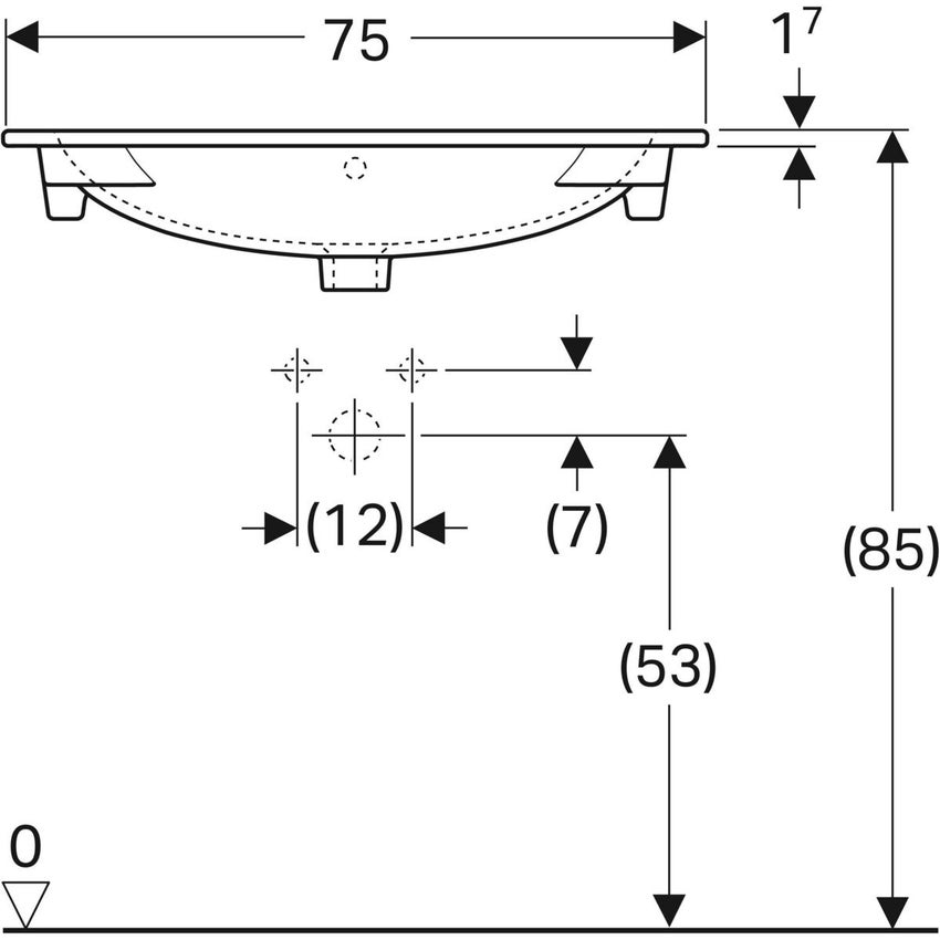 Immagine di Geberit ACANTO lavabo slim L.75 cm, per installazione su mobile, con foro rubinetteria e troppopieno, colore bianco finitura lucido 500.641.01.2