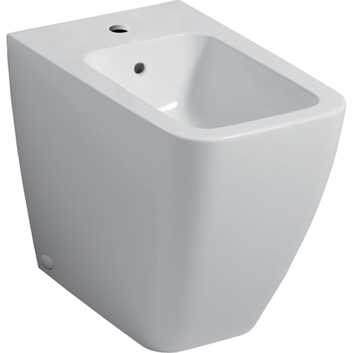 Immagine di Geberit ICON SQUARE set sanitari a pavimento, vaso senza brida, con sedile a chiusura ammortizzata, bidet monoforo con troppopieno, colore bianco finitura lucido 500.825.00.1-231950000
