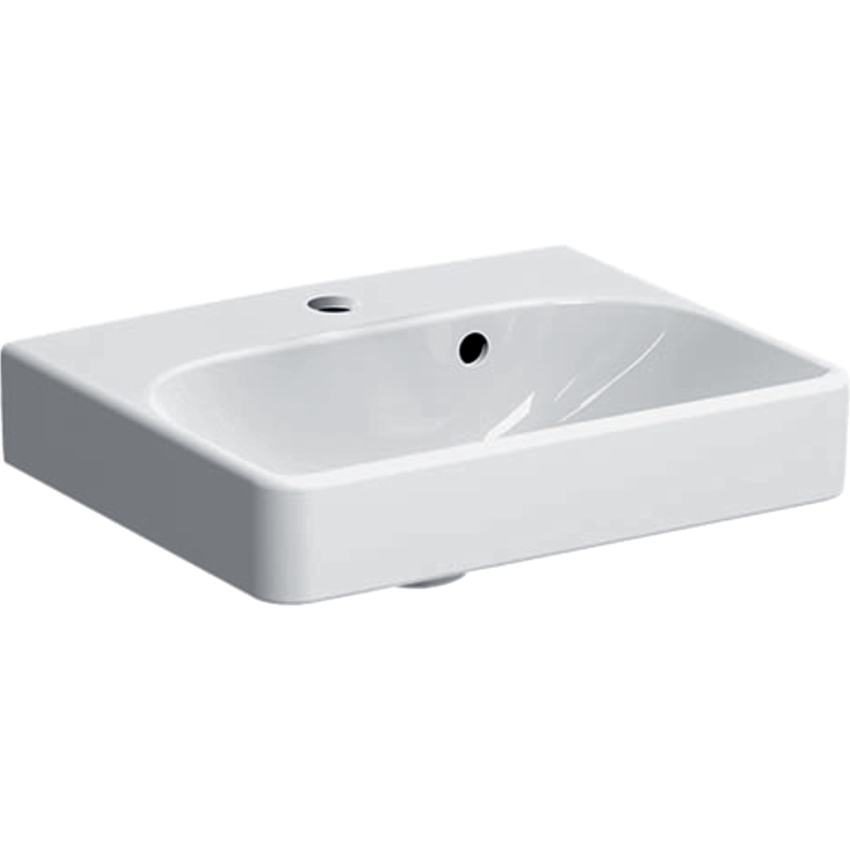 Immagine di Geberit SMYLE SQUARE lavamani rettangolare L.45 cm, con foro rubinetteria e troppopieno asimmetrico, colore bianco finitura KeraTect 500.222.01.8