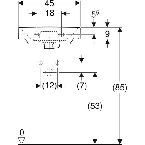 Immagine di Geberit SMYLE SQUARE lavamani rettangolare L.45 cm, per rubinetteria monoforo, con troppopieno asimmetrico, colore bianco finitura lucido 500.222.01.1