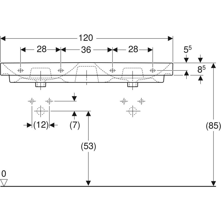 Immagine di Geberit SMYLE lavabo rettangolare doppio L.120 cm, con 2 fori singoli rubinetteria e troppopieno, colore bianco finitura lucido 500.223.01.1