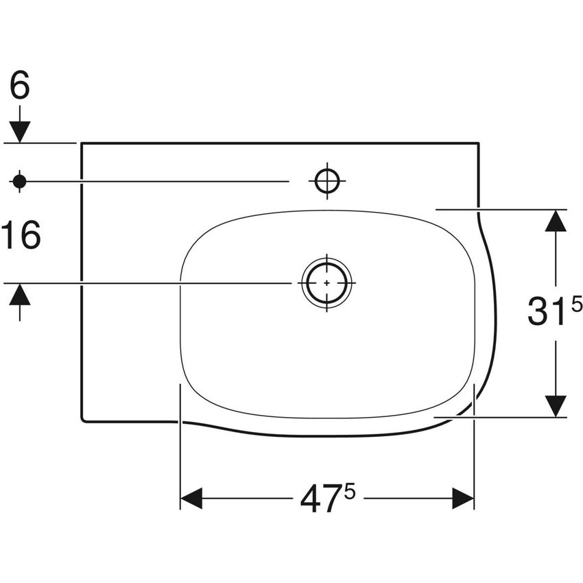 Immagine di Geberit FANTASIA lavamani L.65 cm, con foro rubinetteria, troppopieno e ripiano d'appoggio a sinistra, colore bianco finitura lucido 500.879.00.1