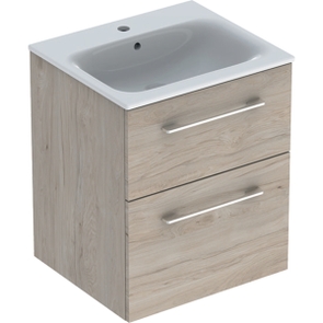 Immagine di Geberit SELNOVA SQUARE set lavabo L.55 cm, con foro rubinetteria e troppopieno, compreso di mobile sottolavabo con due cassetti, finitura noce americano chiaro 501.235.00.1