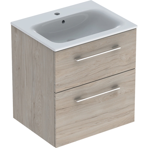 Immagine di Geberit SELNOVA SQUARE set lavabo L.60 cm, con foro rubinetteria e troppopieno, compreso di mobile sottolavabo con due cassetti, finitura noce americano chiaro 501.239.00.1