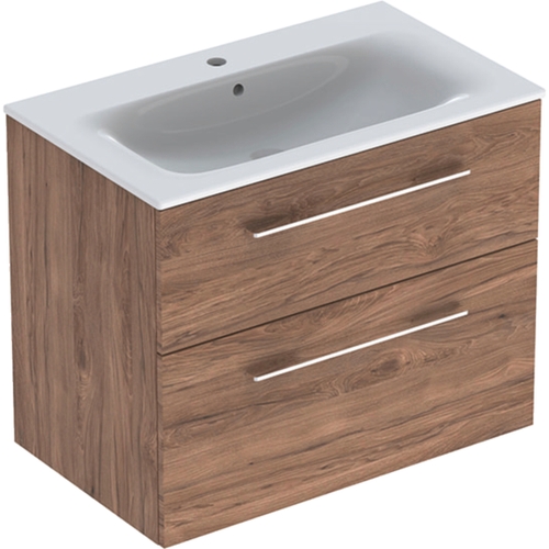 Immagine di Geberit SELNOVA SQUARE set lavabo L.80 cm, con foro rubinetteria e troppopieno, compreso di mobile sottolavabo con due cassetti, finitura noce americano 501.242.00.1