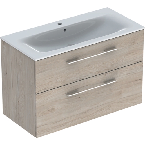 Immagine di Geberit SELNOVA SQUARE set lavabo L.100 cm, con foro rubinetteria e troppopieno, compreso di mobile sottolavabo con due cassetti, finitura noce americano chiaro 501.247.00.1
