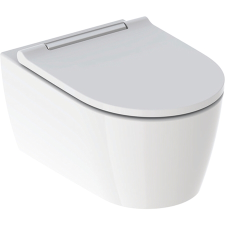 Immagine di Geberit ONE vaso sospeso a cacciata, fissaggio nascosto, con sedile colore bianco e cerniere finitura cromo, TurboFlush, colore bianco finitura lucido 500.202.01.1