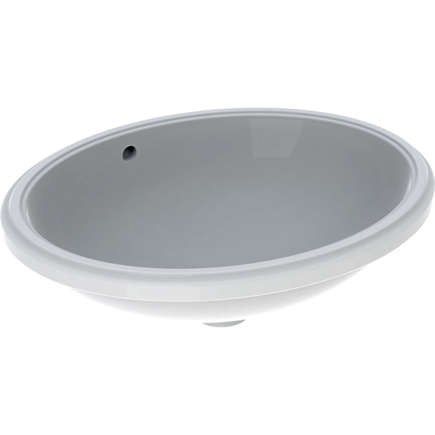 Immagine di Geberit VARIFORM lavabo ovale sottopiano da incasso L.56 cm, lato inferiore smaltato, senza foro rubinetteria, con troppopieno, colore bianco finitura lucido 500.753.01.2