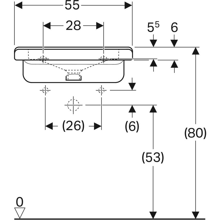 Immagine di Geberit SELNOVA COMFORT SQUARE lavabo L.55 cm, per disabili, senza troppopieno e senza foro per rubinetteria, colore bianco finitura lucido 500.787.01.1