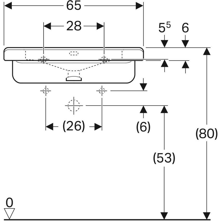 Immagine di Geberit SELNOVA COMFORT SQUARE lavabo L.65 cm, per disabili, con troppopieno e foro per rubinetteria, colore bianco finitura lucido 500.788.01.1