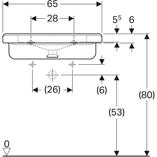 Immagine di Geberit SELNOVA COMFORT SQUARE lavabo L.65 cm, per disabili, senza troppopieno e senza foro per rubinetteria, colore bianco finitura lucido 500.790.01.1