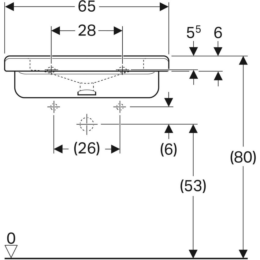 Immagine di Geberit SELNOVA COMFORT SQUARE lavabo L.65 cm, per disabili, senza troppopieno e senza foro per rubinetteria, colore bianco finitura lucido 500.790.01.1