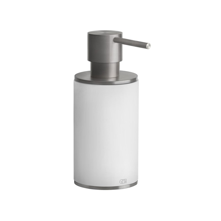 Immagine di Gessi 316 ACCESSORI porta dispenser d'appoggio con bicchiere bianco, finitura steel brushed 54737#239