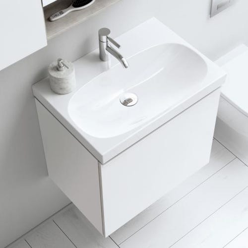 Immagine di Geberit ACANTO mobile sottolavabo sospeso L.60 cm, per lavabo standard e slim, con un cassetto esterno e interno, corpo colore bianco finitura lucido, cassetti colore bianco finitura vetro lucido 503.003.01.2