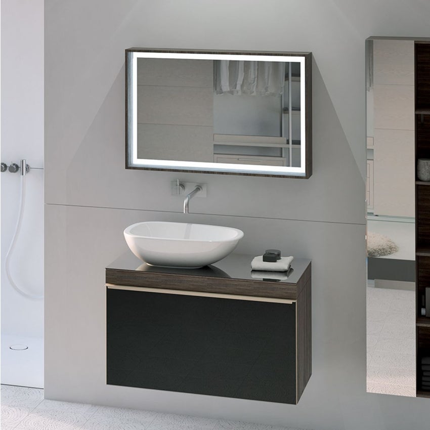 Geberit CITTERIO composizione bagno: mobile sottolavabo, finitura rovere  marrone fumè + specchio con illuminazione, finitura rovere marrone fumè +  lavabo da appoggio, colore bianco + miscelatore monocomando a parete,  finitura cromo 500.564.JJ.1-500.543