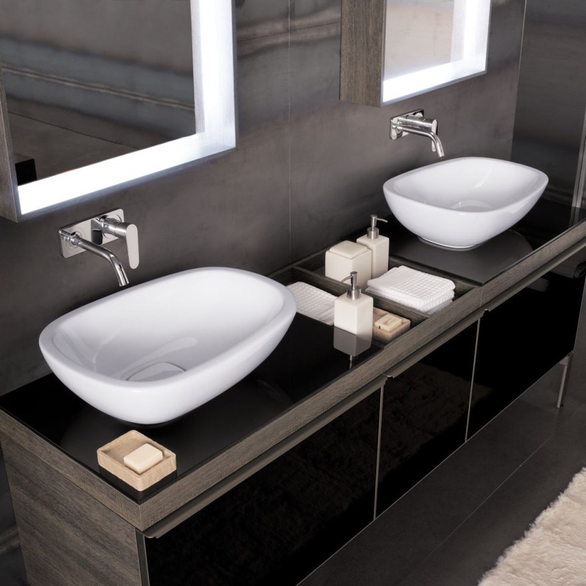 Immagine di Geberit CITTERIO mobile sospeso L.90 cm, con un cassetto, corpo finitura rovere marrone fumè e cassetti colore nero finitura vetro lucido 500.560.JJ.1