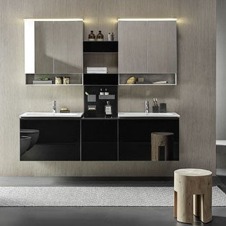 Immagine di Geberit ACANTO mobile sottolavabo sospeso L.60 cm, per lavabo standard e slim, con un cassetto esterno e interno, corpo colore nero finitura opaco, cassetti colore nero finitura vetro lucido 500.609.16.1