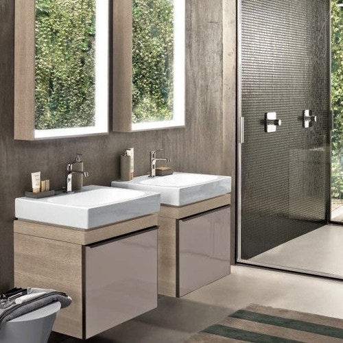 Immagine di Geberit CITTERIO mobile sottolavabo sospeso L.60 cm, con un cassetto, corpo finitura rovere beige fumè e cassetti colore grigio tortora finitura vetro lucido 500.556.JI.1