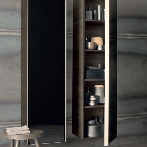 Immagine di Geberit CITTERIO mobile verticale sospeso H.160 cm, con anta reversibile in vetro, corpo finitura rovere marrone fumè e ante colore nero finitura vetro lucido 500.554.JJ.1