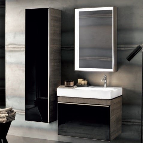 Immagine di Geberit CITTERIO mobile verticale sospeso H.160 cm, con anta reversibile in vetro, corpo finitura rovere marrone fumè e ante colore nero finitura vetro lucido 500.554.JJ.1