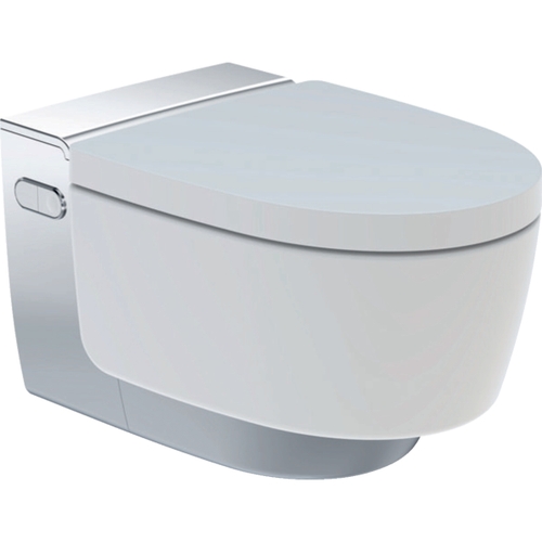 Immagine di Geberit AQUACLEAN MERA CLASSIC vaso sospeso, senza brida, con tecnologia TurboFlush, completo di sedile con funzione bidet e cover finitura cromo, colore bianco finitura lucido 146.200.21.1