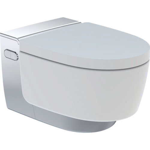 Immagine di Geberit AQUACLEAN MERA COMFORT vaso sospeso, senza brida, completo di sedile con funzione bidet a chiusura ammortizzata e cover cromo lucido, colore bianco finitura lucido 146.210.21.1