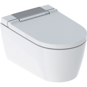 Immagine di Geberit AQUACLEAN SELA vaso sospeso, senza brida, con tecnologia TurboFlush, completo di sedile con funzione bidet a chiusura ammortizzata e cover finitura cromo, colore bianco finitura lucido 146.220.21.1