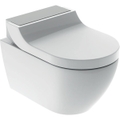 Immagine di Geberit AQUACLEAN TUMA COMFORT vaso sospeso, senza brida, completo di sedile con funzione bidet e chiusura ammortizzata, colore bianco con cover finitura acciaio inox spazzolato 146.290.FW.1