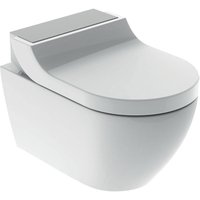 Immagine di Geberit AQUACLEAN TUMA COMFORT vaso sospeso, senza brida, completo di sedile con funzione bidet e chiusura ammortizzata, colore bianco con cover finitura acciaio inox spazzolato 146.290.FW.1