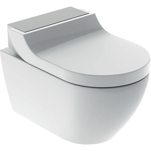 Immagine di Geberit AQUACLEAN TUMA COMFORT vaso sospeso, senza brida, completo di sedile con funzione bidet e chiusura ammortizzata, colore bianco con cover finitura acciaio inox spazzolato 146.290.FW.1