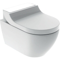 Immagine di Geberit AQUACLEAN TUMA COMFORT vaso sospeso, senza brida, completo di sedile con funzione bidet e chiusura ammortizzata, colore bianco con cover colore bianco finitura vetro lucido 146.290.SI.1