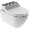 Immagine di Geberit AQUACLEAN TUMA COMFORT vaso sospeso, senza brida, completo di sedile con funzione bidet e chiusura ammortizzata, colore bianco con cover colore nero finitura vetro lucido 146.290.SJ.1
