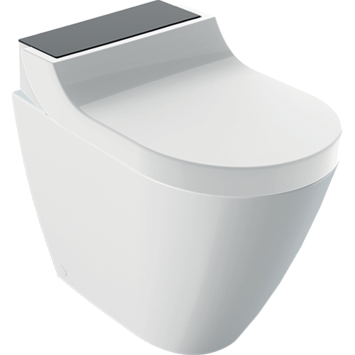 Immagine di Geberit AQUACLEAN TUMA COMFORT vaso a pavimento senza brida, completo di sedile con funzione bidet a chiusura ammortizzata, colore bianco con cover finitura vetro nero 146.310.SJ.1