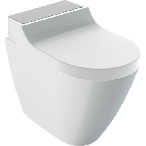 Immagine di Geberit AQUACLEAN TUMA COMFORT vaso a pavimento senza brida, completo di sedile con funzione bidet a chiusura ammortizzata, con cover finitura acciaio inox spazzolato, colore bianco finitura lucido 146.310.FW.1